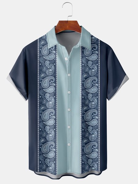 

Men's Vintage Cashew Flower Print Casual Breathable Hawaiian Short Sleeve Shirt, Blue, Men's Floral shirt