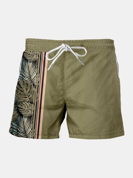 

Men's Plant Leaf Elastic Waist Casual Shorts, Green, Men's shorts