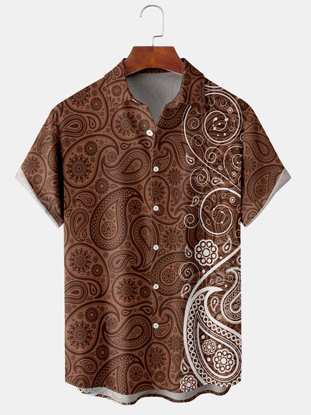 

Men's Vintage Cashew Flower Print Casual Breathable Hawaiian Short Sleeve Shirt, Yellow brown, Men's Floral shirt