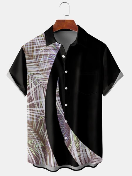 

Men's Palm Leaf Colorblock Geometric Print Casual Breathable Hawaiian Short Sleeve Shirt, Black, Men's Floral shirt