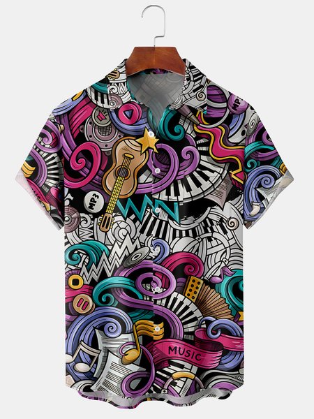 

Men's Music Element Print Short Sleeve Shirt, Black, Men's Floral shirt