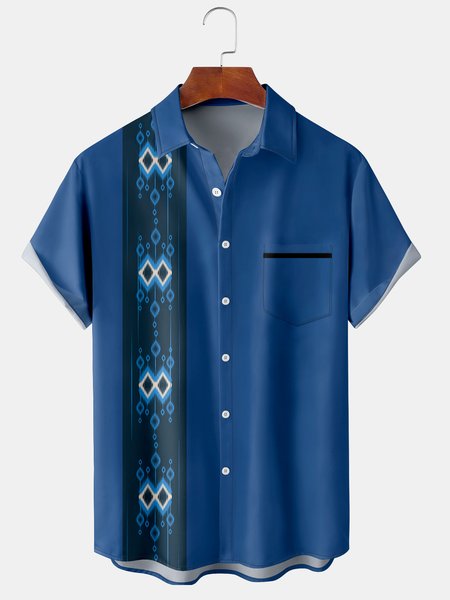 

Men's Geometric Abstract Print Casual Breathable Hawaiian Short Sleeve Shirt, Blue, Men's Floral shirt