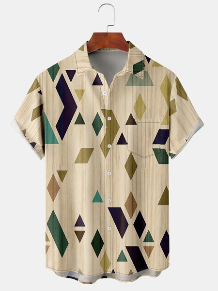 

Men's Geometric Print Short Sleeve Shirt, Khaki, Men's Floral shirt