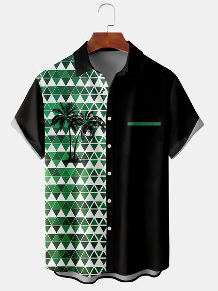 

Men's Coconut Tree Geometric Print Short Sleeve Shirt, Black, Men's Floral shirt