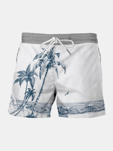 Men's Coconut Print Elastic Waist Casual Shorts, White, Men's shorts