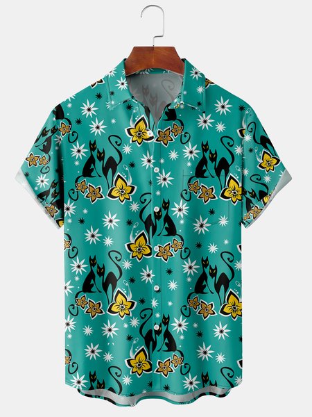 

Men's Geometric Cat Print Casual Breathable Hawaiian Short Sleeve Shirt, Green, Men's Floral shirt