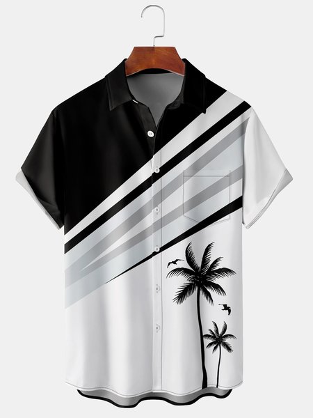 

Men's Coconut Tree Print Casual Breathable Hawaiian Short Sleeve Shirt, Black-white, Men's Floral shirt