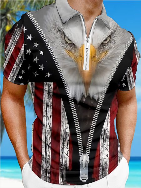 

Men American Flag Eagle Outdoor Shirt Collar Polo Shirt, Red, T-shirts