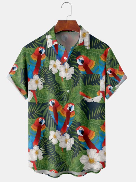 

Men's Parrot Plant Floral Graphic Print Short Sleeve Shirt, Green, Men's Floral shirt