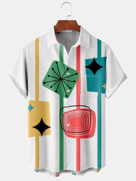 

Casual Art Collection Geometric Stripes Color Block Pattern Lapel Short Sleeve Chest Pocket Shirt Print Top, White, Men's Floral shirt