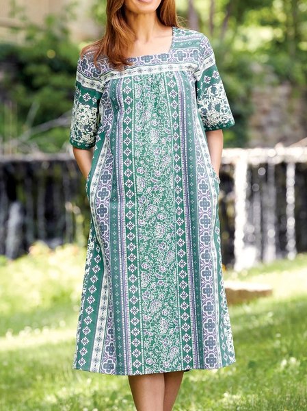 

Crew Neck Ethnic Loose Dresses, Green, Midi Dresses