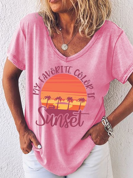 

My Favorite Color Is Sunset Women's Casual V Neck T-Shirt, Pink, T-shirts