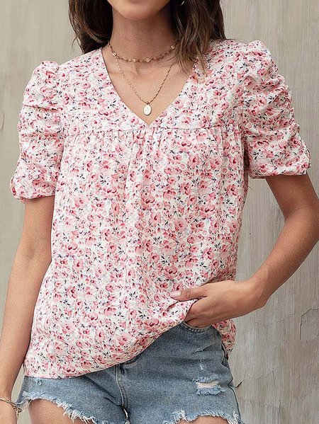 

Pink Floral Printed Puff-Sleeve V-Neck Top, Shirts & Blouses