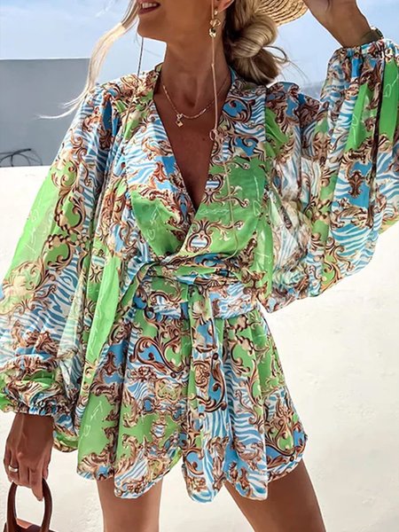 

Vacation Green Long sleeve V Neck Floral Two Piece Sets, Pants Set