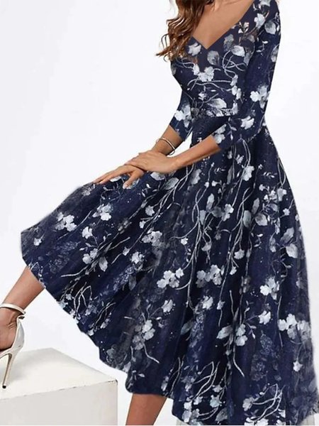 

Elegant V Neck Floral Swing Dress, Dark blue, Formal Dresses