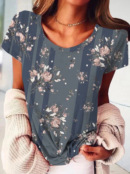 

Vintage striped floral wallpaper loose Pullover T-shirt plus, Dark blue, Tops