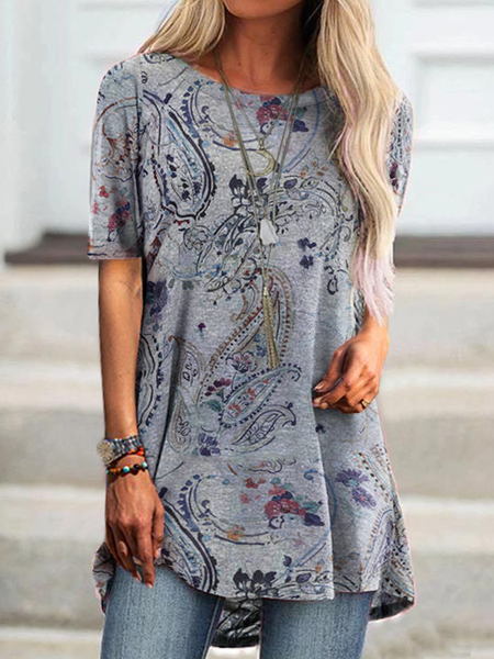 

Vintage Paisley Regular Fit Crew Neck T-Shirt, Gray, Tunics