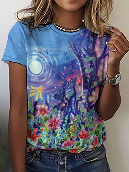 

Women's Casual Abstract Floral Print Crew Neck T-Shirt, As picture, T-shirts