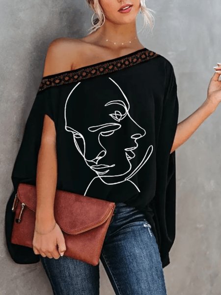

Summer Short sleeve Mid-weight Figure Asymmetrical Neck Vacation Tops, Black, Tops