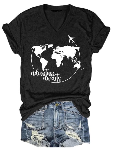 

Adventure World Map Women's Casual Cotton Blends T-Shirt, Black, T-shirts