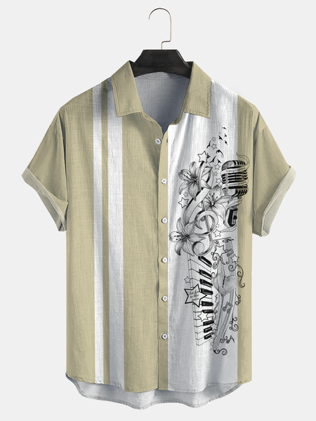 

Cotton and linen botanical geometric stripes music lapel comfortable linen shirt, As picture, Men's Floral shirt