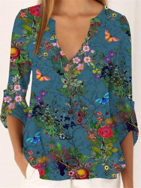

Floral V Neck Casual Blouse, Blue, Blouses & Shirts
