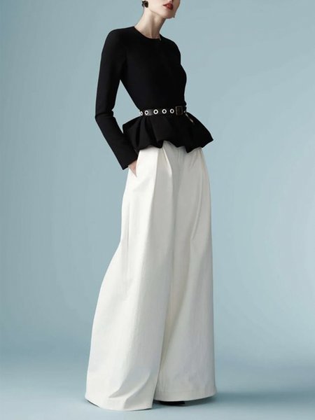 

White Elegant Long Daily Plain Regular Fit Fashion Pants, Wide Leg Pants