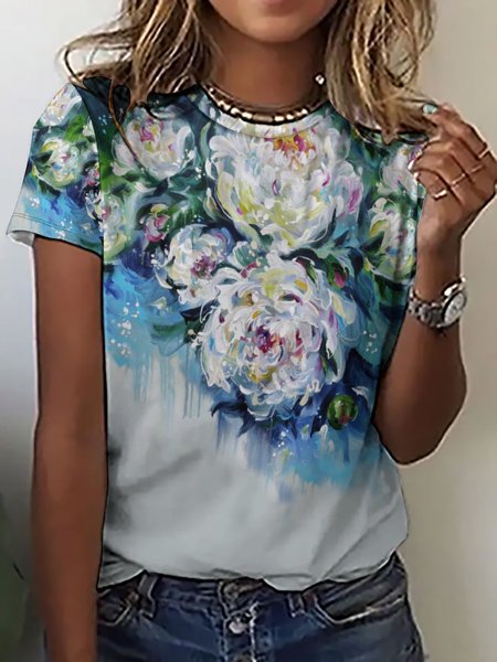 

Women's Casual Floral Print Crew Neck T-shirt, As picture, T-shirts