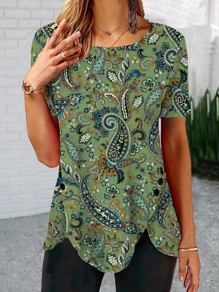 

Paisley Buttoned T-Shirt, Green, Tops