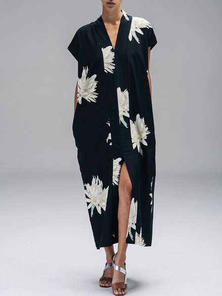 

V Neck Elegant Floral Loosen Midi Dress, Black, Maxi Dresses