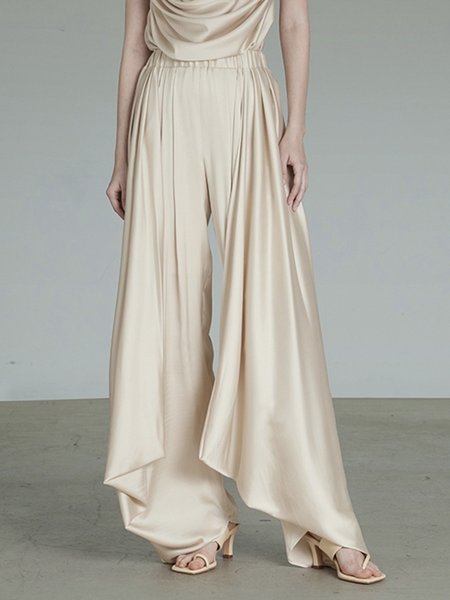 

Daily Mid Waist Elegant Regular Fit Fashion Pants, Apricot, Wide Leg Pants