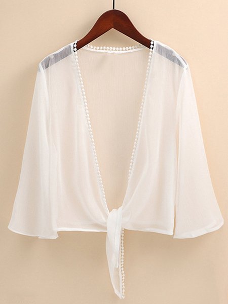 

Plain Lace Chiffon loose shawl small coat, White, Cardigans