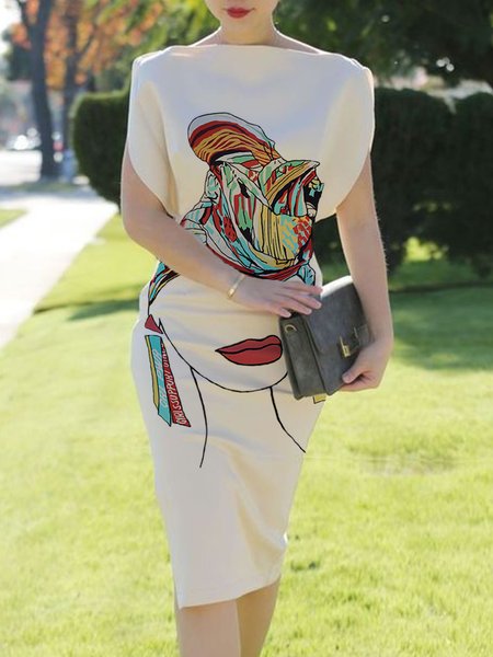 

Elegant Figure Printed Short Sleeve Dress, Off white, Midi Dresses