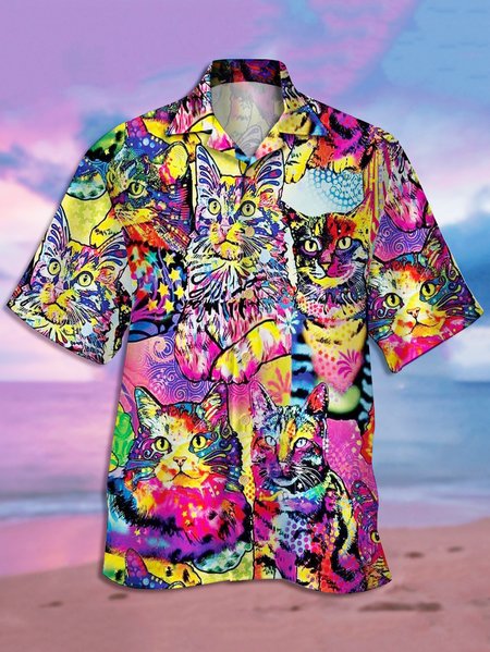 

Men's Hawaiian Animal Cat Print Casual Short Sleeve Hawaiian Shirt, Red, Men's Floral shirt