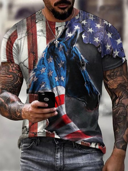 

Men American Flag Short Sleeve Letter Crew Neck T-Shirt, Blue, T-shirts