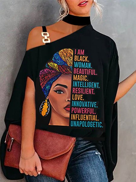 

Elegant Chain Strap Cold Shoulder Printed Figure Top, Black, Blouses and Shirts