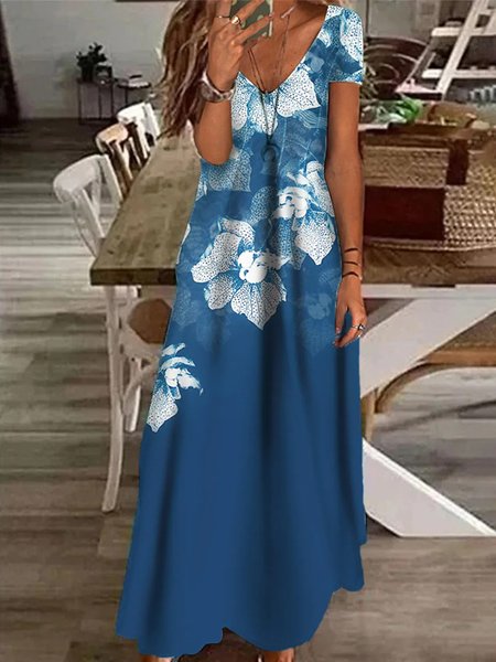 

Regular Fit Vacation V Neck Floral Dresses, Blue, Dresses