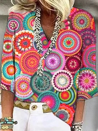 

Geometric Fit V Neck Tops, Multicolor, Shirts & Blouses