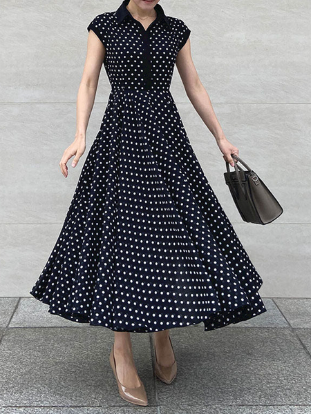 

Summer X-Line No Elasticity Polka Dots Fit Shawl Collar Daily Dresses, Black, Maxi Dresses