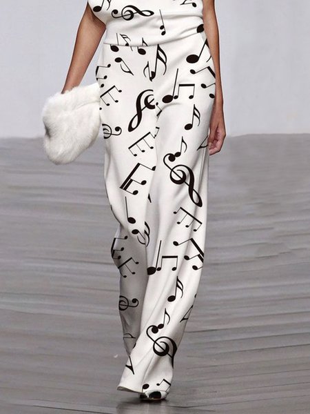 

Mid Waist Long Daily Painting Simple Fashion Pants, White, Wide Leg Pants