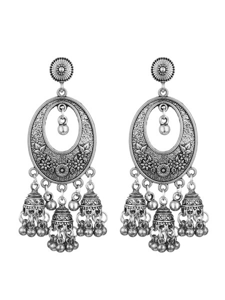 

JFN Bohemian Carved Cutout Fringe Earrings Maxi Jewelry, Silver, Earrings