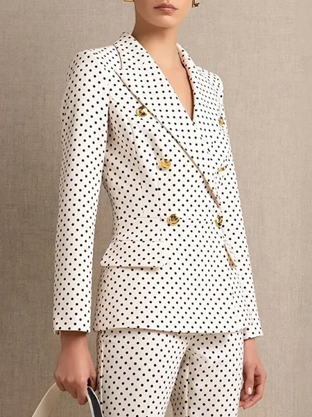 

Long sleeve Polka Dots Closure Collar Elegant Regular Fit Blazer, White, Blazers