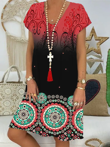 

Ethnic Casual V Neck Short sleeve Midi Dresses T-Shirt Dress, Red, Dresses