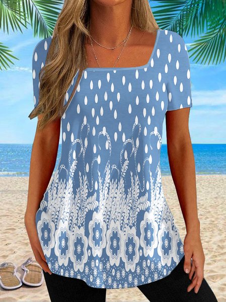 

Blue Floral Design Square Neck Short Sleeve Knit T-Shirt, T-Shirts
