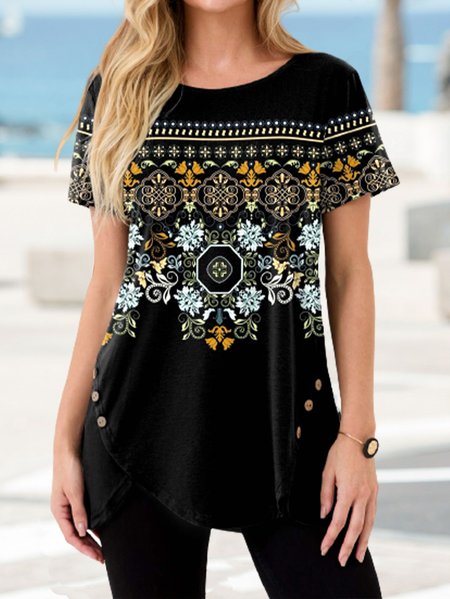 

Crew Neck Ethnic T-Shirt, Black, T-Shirts