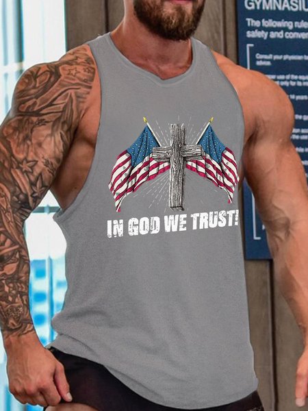 

In God We Trust America Flag Men's Loose Crew Neck Tank Top, Gray, Tank Tops