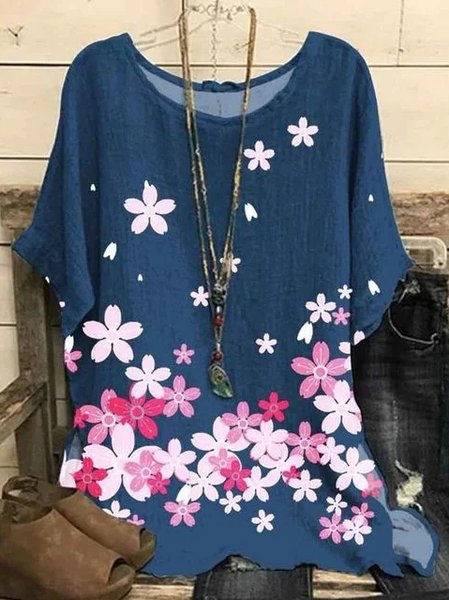 

Crew Neck Loosen Floral Casual Tops, Blue, Shirts & Blouses