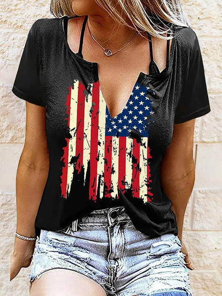 

Casual V Neck Flag T-Shirt, Black, T-Shirts