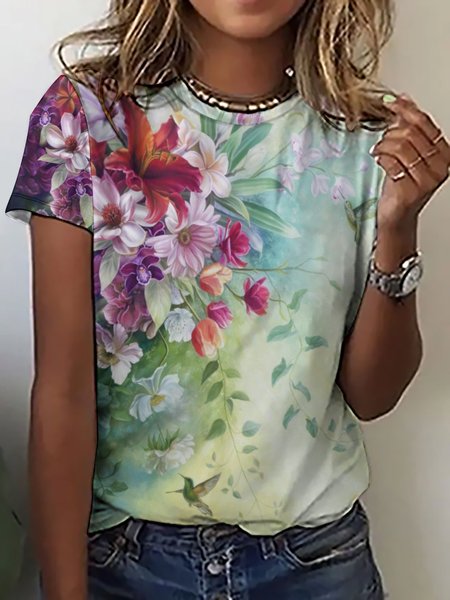 

Casual Simple Floral Print Crew Neck T-Shirt, As picture, T-shirts