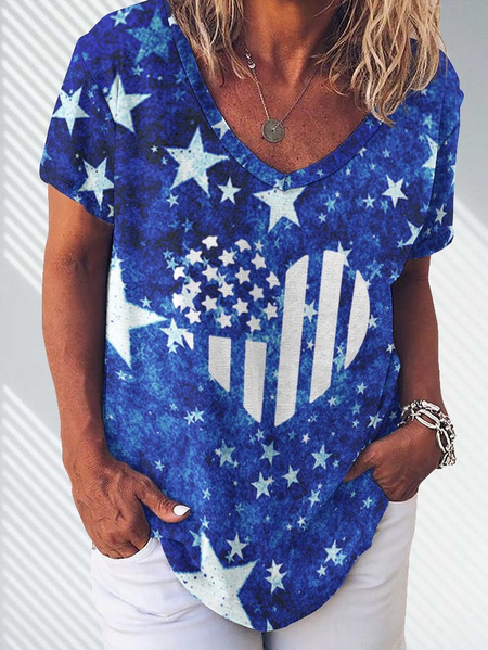 

Women Star Gradient Color American Flag Vintage Floral Tops, Blue, T-shirts
